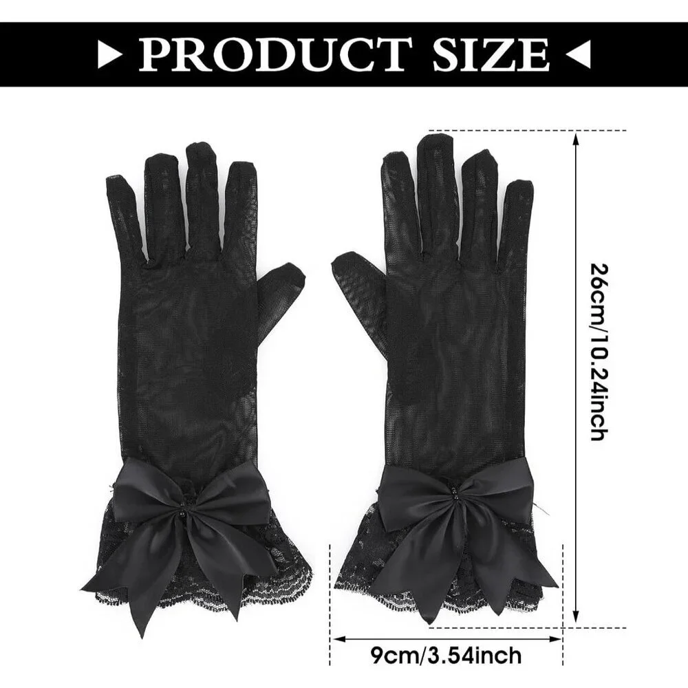 Women's Evening Black Short Bow Lace Gloves Mitten Party Costume Accessories